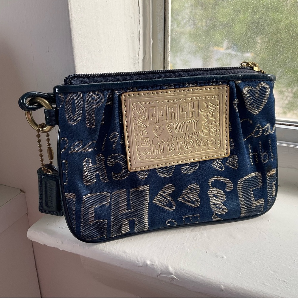 Coach Navy and Gold Poppy Mini Wristlet